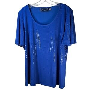 Susan Graver Sparkly Women Royal Blue Sequined Short Sleeve Scoop Neck Blouse 1X